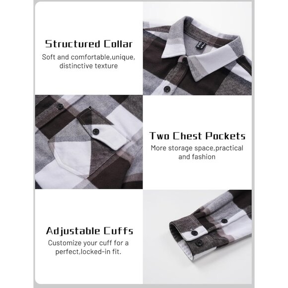 Men's Black & Grey Brushed Cotton Plaid Flannel Button Down Shirt Jacket - Picture 5 of 7